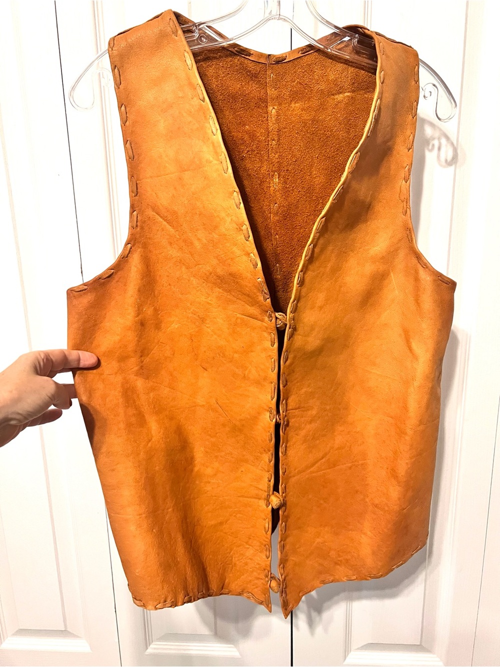 Men's Tan/Camel Leather Vest/Handstitched Sleeveless Jacket-Stitch Trim-Unisex